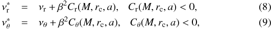 \begin{eqnarray} \label{frequencies-r} \nu_{\rm r}^* &=& \nu_{\rm r} + \beta^2C_{\rm r}(M,r_{\rm{c}},a), ~~~ C_{\rm r}(M,r_{\rm{c}},a)<0, \\\, \label{frequencies-t} \nu_{\rm \theta}^* &=& \nu_{\theta} + \beta^2C_\theta(M,r_{\rm{c}},a), ~~~ C_\theta(M,r_{\rm{c}},a)<0, \end{eqnarray}