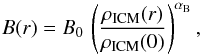 \begin{equation} B(r) = B_0\,\left(\frac{\rho_{\rmn{ICM}}(r)}{\rho_{\rmn{ICM}}(0)}\right)^{\alpha_{\rm B}}, \label{eq:B} \end{equation}
