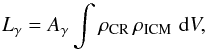 \begin{equation} L_{\gamma} = A_{\gamma} \int \rho_{\rmn{CR}} \, \rho_{\rmn{ICM}} \, \,\rmn{d}V , \label{eq:Lgamma} \end{equation}