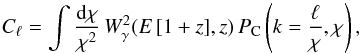 \begin{equation} C_{\ell} = \int \frac{\rmn{d}\chi}{\chi^2} \, W_{\gamma}^2(E\,[1+z],z)\,P_{\rm{C}}\left( k=\frac{\ell}{\chi},\chi \right) , \label{eq:PS} \end{equation}