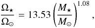 \begin{eqnarray} \frac{\Omega_\star}{\Omega_\odot} = 13.53 \left( \frac{M_\star}{M_\odot} \right)^{1.08}, \end{eqnarray}