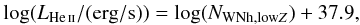 \begin{eqnarray} \label{eq:NWNZ} \log(\LHE/({\rm erg}/{\rm s}))=\log(\NWNZ)+37.9, \end{eqnarray}