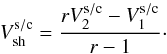 \begin{equation} V_{\rm sh}^{\rm s/c} = {r V_2^{\rm s/c} - V_1^{\rm s/c}\over r - 1 } \cdot \end{equation}