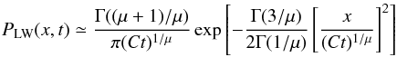 \begin{equation} P_{\rm LW}(x,t) \simeq {\Gamma((\mu+1)/\mu) \over \pi (Ct)^{1/\mu}} \exp \left[-\frac{\Gamma(3/\mu)}{2\Gamma(1/\mu)} \left [{x\over (Ct)^{1/\mu}}\right ]^2 \right] \label{eqpropgauss} \end{equation}