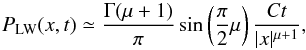 \begin{equation} P_{\rm LW}(x,t) \simeq {\Gamma (\mu+1) \over \pi} \sin \left ({\pi\over2}\mu \right) {C t \over |x|^{\mu+1}} , \label{eqpropxt} \end{equation}