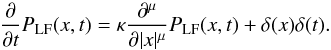 \begin{equation} \label{eq:Greens-eq} \frac{\partial}{\partial t} P_{\rm LF}(x,t) = \kappa \frac{\partial^{\mu}}{\partial |x|^{\mu}} P_{\rm LF}(x,t) + \delta(x)\delta(t) . \end{equation}