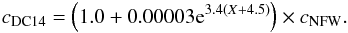 \begin{eqnarray} c_\mathrm{DC14}=\left(1.0+0.00003 {\rm e}^{3.4(X+4.5)}\right)\times c_\mathrm{NFW}. \label{concent} \end{eqnarray}