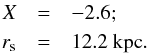 \begin{eqnarray} X&=&-2.6;\nonumber\\ r_{\rm s}&=&12.2~ \mathrm{kpc}.\nonumber \end{eqnarray}