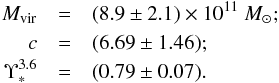 \begin{eqnarray} M_\mathrm{vir} &=& (8.9 \pm 2.1) \times 10^{11} ~ {M_{\odot}};\nonumber\\ c &=& (6.69 \pm 1.46);\nonumber\\ \Upsilon_*^{3.6} &=& (0.79 \pm 0.07).\nonumber \end{eqnarray}