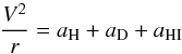 \begin{equation} \frac{V^2}{r} = a_\mathrm{H}+a_\mathrm{D}+a_\mathrm{HI} \label{accel} \end{equation}