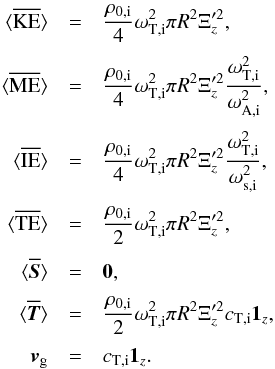 \begin{eqnarray} \bracs{KE}&=&\frac{\rho_{0\mathrm{,i}}}{4}\omega_{\mathrm{T,i}}^2 \pi R^2 \Xi_z'^2, \nonumber\\[1mm] \bracs{ME}&=&\frac{\rho_{0\mathrm{,i}}}{4}\omega_{\mathrm{T,i}}^2 \pi R^2 \Xi_z'^2\frac{\omega_{\mathrm{T,i}}^2}{\omega_{\mathrm{A,i}}^2}, \nonumber\\[1mm] \bracs{IE}&=&\frac{\rho_{0\mathrm{,i}}}{4}\omega_{\mathrm{T,i}}^2 \pi R^2 \Xi_z'^2\frac{\omega_{\mathrm{T,i}}^2}{\omega_{\mathrm{s,i}}^2},\nonumber\\[1mm] \bracs{TE}&=&\frac{\rho_{0\mathrm{,i}}}{2}\omega_{\mathrm{T,i}}^2 \pi R^2 \Xi_z'^2,\nonumber\\[1mm] \bracs{\vec{S}}&=&\vec{0}, \nonumber\\[1mm] \bracs{\vec{T}}&=&\frac{\rho_{0\mathrm{,i}}}{2}\omega_{\mathrm{T,i}}^2 \pi R^2 \Xi_z'^2 c_{\mathrm{T,i}} \vec{1_{\textit{z}}}, \nonumber\\[1mm] \vec{v}_\mathrm{g}&=&c_{\mathrm{T,i}}\vec{1_{\textit{z}}} \label{eq:slow_mode}. \end{eqnarray}