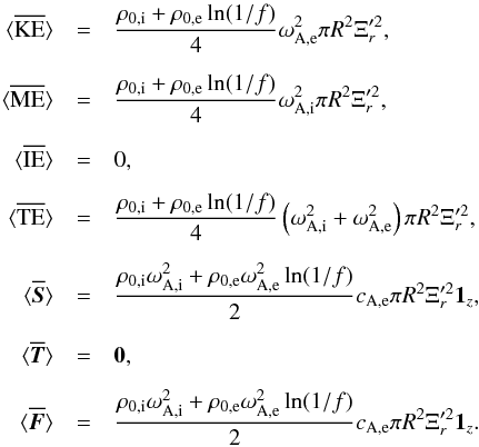 \begin{eqnarray} \bracs{KE}&=&\frac{\rho_{0\mathrm{,i}}+\rho_{0\mathrm{,e}}\ln(1/f)}{4}\omega_{\mathrm{A,e}}^2 \pi R^2 \Xi_r'^2, \nonumber\\[2mm] \bracs{ME}&=&\frac{\rho_{0\mathrm{,i}}+\rho_{0\mathrm{,e}}\ln(1/f)}{4}\omega_{\mathrm{A,i}}^2 \pi R^2 \Xi_r'^2, \nonumber\\[2mm] \bracs{IE}&=&0, \nonumber\\[2mm] \bracs{TE}&=&\frac{\rho_{0\mathrm{,i}}+\rho_{0\mathrm{,e}}\ln(1/f)}{4}\left(\omega_{\mathrm{A,i}}^2+\omega_{\mathrm{A,e}}^2\right)\pi R^2 \Xi_r'^2, \nonumber\\[2mm] \bracs{\vec{S}}&=&\frac{\rho_{0\mathrm{,i}}\omega_{\mathrm{A,i}}^2+\rho_{0\mathrm{,e}}\omega_{\mathrm{A,e}}^2\ln(1/f)}{2}c_{\mathrm{A,e}} \pi R^2 \Xi_r'^2 \vec{1_{\textit{z}}}, \nonumber\\[2mm] \bracs{\vec{T}}&=&\vec{0}, \nonumber\\[2mm] \bracs{\vec{F}}&=&\frac{\rho_{0\mathrm{,i}}\omega_{\mathrm{A,i}}^2+\rho_{0\mathrm{,e}}\omega_{\mathrm{A,e}}^2\ln(1/f)}{2}c_{\mathrm{A,e}} \pi R^2 \Xi_r'^2 \vec{1_{\textit{z}}}. \label{eq:energy_fast} \end{eqnarray}