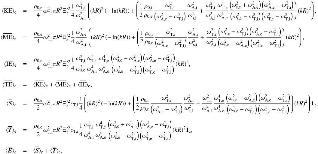 \appendix \setcounter{section}{1} \begin{eqnarray} \bracs{KE}_{\mathrm{e}}&=&\frac{\rho_{0\mathrm{,e}}}{4}\omega_{\mathrm{T,i}}^2 \pi R^2 \Xi_z'^2 \frac{1}{4}\frac{\omega_{\mathrm{T,i}}^2}{\omega_{\mathrm{A,i}}^2}\left((kR)^2\left(-\ln(kR)\right)+\left(\frac{1}{2}\frac{\rho_{0\mathrm{,i}}}{\rho_{0\mathrm{,e}}}\frac{\omega_{\mathrm{T,i}}^2}{\left(\omega_{\mathrm{A,e}}^2-\omega_{\mathrm{T,i}}^2\right)}\frac{\omega_{\mathrm{A,i}}^2}{\omega_{\mathrm{s,i}}^2}+\frac{\omega_{\mathrm{T,i}}^2}{\omega_{\mathrm{A,i}}^2}\frac{\omega_{\mathrm{T,e}}^4}{\omega_{\mathrm{A,e}}^4}\frac{\left(\omega_{\mathrm{s,e}}^2+\omega_{\mathrm{A,e}}^2\right)\left(\omega_{\mathrm{A,e}}^2-\omega_{\mathrm{T,i}}^2\right)}{\left(\omega_{\mathrm{s,e}}^2-\omega_{\mathrm{T,i}}^2\right)\left(\omega_{\mathrm{T,e}}^2-\omega_{\mathrm{T,i}}^2\right)}\right)(kR)^2\right), \nonumber\\[2mm] \bracs{ME}_{\mathrm{e}}&=&\frac{\rho_{0\mathrm{,e}}}{4}\omega_{\mathrm{T,i}}^2 \pi R^2 \Xi_z'^2 \frac{1}{4}\frac{\omega_{\mathrm{A,e}}^2}{\omega_{\mathrm{A,i}}^2}\left((kR)^2\left(-\ln(kR)\right)+\left(\frac{1}{2}\frac{\rho_{0\mathrm{,i}}}{\rho_{0\mathrm{,e}}}\frac{\omega_{\mathrm{T,i}}^2}{\left(\omega_{\mathrm{A,e}}^2-\omega_{\mathrm{T,i}}^2\right)}\frac{\omega_{\mathrm{A,i}}^2}{\omega_{\mathrm{s,i}}^2}+\frac{\omega_{\mathrm{T,i}}^2}{\omega_{\mathrm{A,i}}^2}\frac{\left(\omega_{\mathrm{s,e}}^2-\omega_{\mathrm{T,i}}^2\right)\left(\omega_{\mathrm{A,e}}^2-\omega_{\mathrm{T,i}}^2\right)}{\left(\omega_{\mathrm{s,e}}^2+\omega_{\mathrm{A,e}}^2\right)\left(\omega_{\mathrm{T,e}}^2-\omega_{\mathrm{T,i}}^2\right)}\right)(kR)^2\right), \nonumber\\[2mm] \bracs{IE}_{\mathrm{e}}&=&\frac{\rho_{0\mathrm{,e}}}{4}\omega_{\mathrm{T,i}}^2 \pi R^2 \Xi_z'^2 \frac{1}{4}\frac{\omega_{\mathrm{T,i}}^2}{\omega_{\mathrm{s,e}}^2}\frac{\omega_{\mathrm{T,i}}^4}{\omega_{\mathrm{A,i}}^4}\frac{\omega_{\mathrm{T,e}}^4}{\omega_{\mathrm{A,e}}^4}\frac{\left(\omega_{\mathrm{s,e}}^2+\omega_{\mathrm{A,e}}^2\right)\left(\omega_{\mathrm{A,e}}^2-\omega_{\mathrm{T,i}}^2\right)}{\left(\omega_{\mathrm{s,e}}^2-\omega_{\mathrm{T,i}}^2\right)\left(\omega_{\mathrm{T,e}}^2-\omega_{\mathrm{T,i}}^2\right)} (kR)^2, \nonumber\\[2mm] \bracs{TE}_{\mathrm{e}}&=&\bracs{KE}_{\mathrm{e}}+\bracs{ME}_{\mathrm{e}}+\bracs{IE}_{\mathrm{e}}, \nonumber\\[2mm] \bracs{\vec{S}}_{\mathrm{e}}&=&\frac{\rho_{0\mathrm{,e}}}{2}\omega_{\mathrm{T,i}}^2 \pi R^2 \Xi_z'^2 c_{\mathrm{T,i}} \frac{1}{4} \left((kR)^2\left(-\ln(kR)\right)+\left(\frac{1}{2}\frac{\rho_{0\mathrm{,i}}}{\rho_{0\mathrm{,e}}}\frac{\omega_{\mathrm{T,i}}^2}{\left(\omega_{\mathrm{A,e}}^2-\omega_{\mathrm{T,i}}^2\right)}\frac{\omega_{\mathrm{A,i}}^2}{\omega_{\mathrm{s,i}}^2}+\frac{\omega_{\mathrm{T,i}}^2}{\omega_{\mathrm{A,i}}^2}\frac{\omega_{\mathrm{T,e}}^4}{\omega_{\mathrm{A,e}}^4}\frac{\left(\omega_{\mathrm{s,e}}^2+\omega_{\mathrm{A,e}}^2\right)\left(\omega_{\mathrm{A,e}}^2-\omega_{\mathrm{T,i}}^2\right)}{\left(\omega_{\mathrm{s,e}}^2-\omega_{\mathrm{T,i}}^2\right)\left(\omega_{\mathrm{T,e}}^2-\omega_{\mathrm{T,i}}^2\right)}\right)(kR)^2\right) \vec{1_{\textit{z}}}, \nonumber\\[2mm] \bracs{\vec{T}}_{\mathrm{e}}&=&\frac{\rho_{0\mathrm{,e}}}{2}\omega_{\mathrm{T,i}}^2 \pi R^2 \Xi_z'^2 c_{\mathrm{T,i}} \frac{1}{4}\frac{\omega_{\mathrm{T,i}}^4}{\omega_{\mathrm{A,i}}^4}\frac{\omega_{\mathrm{T,e}}^4}{\omega_{\mathrm{A,e}}^4}\frac{\left(\omega_{\mathrm{s,e}}^2+\omega_{\mathrm{A,e}}^2\right)\left(\omega_{\mathrm{A,e}}^2-\omega_{\mathrm{T,i}}^2\right)}{\left(\omega_{\mathrm{s,e}}^2-\omega_{\mathrm{T,i}}^2\right)\left(\omega_{\mathrm{T,e}}^2-\omega_{\mathrm{T,i}}^2\right)} (kR)^2 \vec{1_{\textit{z}}}, \nonumber\\[2mm] \bracs{\vec{E}}_{\mathrm{e}}&=& \bracs{\vec{S}}_{\mathrm{e}}+\bracs{\vec{T}}_{\mathrm{e}}\label{eq:slow_mode_external}, \end{eqnarray}