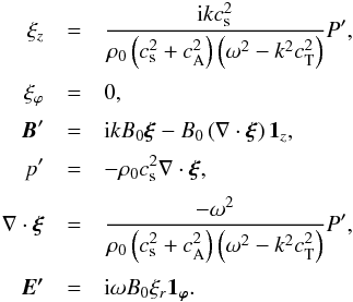 \begin{eqnarray} \xi_z&=&\frac{{\rm i}kc_{\mathrm{s}}^2}{\rho_0\left(c_{\mathrm{s}}^2+c_{\mathrm{A}}^2\right)\left(\omega^2-k^2c_{\mathrm{T}}^2\right)}P', \nonumber\\[1mm] \xi_\varphi &=& 0, \nonumber\\[1mm] \vec{B}'&=&{\rm i}kB_0\vec{\xi}-B_0\left(\nabla\cdot\vec{\xi}\right){\vec1_{\it z}}, \nonumber\\[1mm] p'&=&-\rho_0 c_{\mathrm{s}}^2\nabla\cdot\vec{\xi}, \nonumber\\[1mm] \nabla\cdot\vec{\xi}&=&\frac{-\omega^2}{\rho_0\left(c_{\mathrm{s}}^2+c_{\mathrm{A}}^2\right)\left(\omega^2-k^2c_{\mathrm{T}}^2\right)}P', \nonumber\\[1mm] \vec{E'}&=&{\rm i}\omega B_0\xi_r\vec{1_\varphi}\label{eq:MHD_pert}. \end{eqnarray}