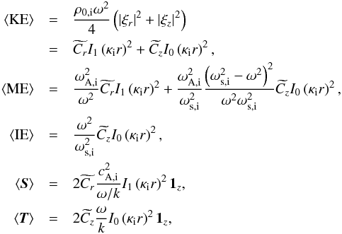 \begin{eqnarray*} \brac{KE}&=&\frac{\rho_{0,\mathrm{i}}\omega^2}{4}\left(|\xi_r|^2+|\xi_z|^2\right)\\ &=&\widetilde{C_{r}}I_1\left(\kappa_{\mathrm{i}} r\right)^2+\widetilde{C_{z}} I_0\left(\kappa_{\mathrm{i}} r\right)^2,\\ \brac{ME}&=&\frac{\omega_{\mathrm{A,i}}^2}{\omega^2}\widetilde{C_{r}}I_1 \left(\kappa_{\mathrm{i}} r\right)^2 + \frac{\omega_{\mathrm{A,i}}^2}{\omega_{\mathrm{s,i}}^2}\frac{\left(\omega_{\mathrm{s,i}}^2-\omega^2\right)^2}{\omega^2\omega_{\mathrm{s,i}}^2}\widetilde{C_{z}} I_0\left(\kappa_{\mathrm{i}} r\right)^2,\\ \brac{IE}&=&\frac{\omega^2}{\omega_{\mathrm{s,i}}^2}\widetilde{C_{z}} I_0\left(\kappa_{\mathrm{i}} r\right)^2, \\ \brac{\vec{S}}&=&2 \widetilde{C_{r}} \frac{c_{\mathrm{A,i}}^2}{\omega/k} I_1\left(\kappa_{\mathrm{i}} r\right)^2 \vec{1_{\textit{z}}}, \\ \brac{\vec{T}}&=&2 \widetilde{C_{z}} \frac{\omega}{k} I_0\left(\kappa_{\mathrm{i}} r\right)^2 \vec{1_{\textit{z}}}, \end{eqnarray*}
