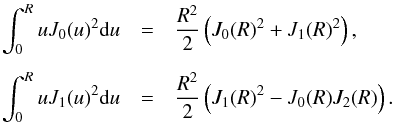 \begin{eqnarray*} \int_0^R uJ_0(u)^2 {\rm d}u &=& \frac{R^2}{2}\left(J_0(R)^2+J_1(R)^2\right), \\[1.5mm] \int_0^R uJ_1(u)^2 {\rm d}u &=& \frac{R^2}{2}\left(J_1(R)^2-J_0(R)J_2(R)\right). \end{eqnarray*}