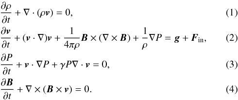 \begin{eqnarray} && \frac{\partial\rho}{\partial t} + \nabla \cdot (\rho \vec v) = 0 , \label{eq:mass}\\ && \frac{\partial\vec v}{\partial t} + (\vec v \cdot \nabla)\vec v + \frac{1}{4\pi\rho}\vec B \times (\nabla \times \vec B) + \frac{1}{\rho}\nabla P = \vec g + \vec F_\mathrm{in}, \label{eq:momentum}\\ && \frac{\partial P}{\partial t} + \vec v \cdot \nabla P + \gamma P \nabla \cdot \vec v = 0, \label{eq:energy}\\ && \frac{\partial\vec B}{\partial t} + \nabla \times (\vec B \times \vec v) = 0. \end{eqnarray}