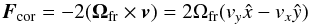 \begin{equation} \vec F_\mathrm{cor} = -2(\vec\Omega_\mathrm{fr} \times \vec v) = 2\Omega_\mathrm{fr}(v_y\hat x - v_x\hat y) \end{equation}