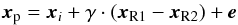 \begin{equation} \vec{x}_{\rm p}=\vec{x}_i+\gamma\cdot(\vec{x}_{\rm R1}-\vec{x}_{\rm R2})+\vec{e} \label{eq:DEMC} \end{equation}