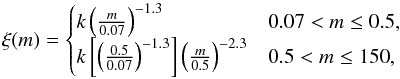 \begin{equation} \label{imf} \xi (m) = \begin{cases} {k \left(\frac{m}{0.07}\right)^{-1.3}} & {0.07 < m \leq 0.5}, \\ {k \left[\left(\frac{0.5}{0.07}\right)^{-1.3}\right] \left(\frac{m}{0.5}\right)^{-2.3}} & {0.5 < m \leq 150}, \end{cases} \end{equation}