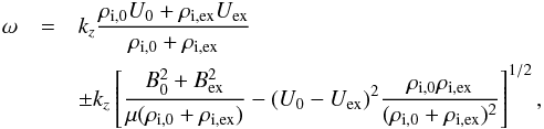 \begin{eqnarray} \label{eq:sol_ion} \omega&=&k_{z}\frac{\rho_{\rm{i,0}}U_{\rm{0}}+\rho_{\rm{i,ex}}U_{\rm{ex}}}{\rho_{\rm{i,0}}+\rho_{\rm{i,ex}}} \nonumber \\ &&\pm k_{z}\left[\frac{B_{\rm{0}}^2+B_{\rm{ex}}^2}{\mu(\rho_{\rm{i,0}}+\rho_{\rm{i,ex}})}-(U_{\rm{0}}-U_{\rm{ex}})^2\frac{\rho_{\rm{i,0}}\rho_{\rm{i,ex}}}{(\rho_{\rm{i,0}}+\rho_{\rm{i,ex}})^2}\right]^{1/2}, \end{eqnarray}