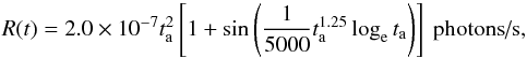 \begin{equation} R(t) = 2.0\times 10^{-7} t_{\rm a}^2\left[1+\sin\left(\frac{1}{5000}t_{\rm a}^{1.25}\log_{\rm e} t_{\rm a}\right)\right]\text{ photons/s,} \end{equation}