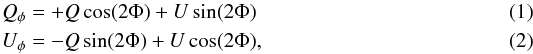 \begin{eqnarray} Q_\phi& =& +Q \cos(2\Phi) + U \sin(2\Phi) \\ U_\phi& =& -Q \sin(2\Phi) + U \cos(2\Phi), \end{eqnarray}