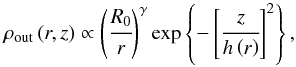 \begin{equation} \rho_\text{out}\left(r,z\right) \propto \left(\cfrac{R_{0}}{r}\right)^{\gamma} \exp\left\{-\left[\cfrac{z}{h\left(r\right)} \right]^2 \right\}, \label{glg:shakura} \end{equation}