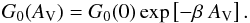 \begin{equation} \label{eq:dustabs} G_{0} (A_{\mathrm{V}}) = G_{0} (0) \exp \left[- \beta \ A_{\mathrm{V}} \right] . \end{equation}