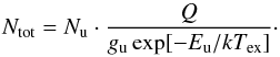 \appendix \setcounter{section}{1} \begin{equation} N_{\rm tot} = N_{\rm u} \cdot \frac{Q}{g_{\rm u} \exp[-E_{\rm u}/kT_{\rm ex}]} \cdot \end{equation}