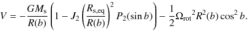 \begin{equation} \label{equation:potential} V = -\frac{G\Ms}{R(b)} \left( 1 - J_{2} \left(\frac{\Rseq}{R(b)}\right)^{2} P_{2} (\sin b) \right) - \frac{1}{2} \OmegaRot^2 R^2(b)\cos^2 b . \end{equation}