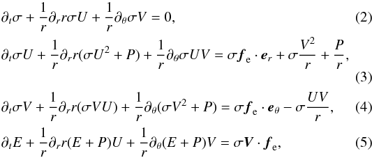\begin{eqnarray} && \partial_t \sigma + \frac{1}{r} \partial_r r \sigma U + \frac{1}{r}\partial_\theta \sigma V = 0 , \label{Cons_Mass}\\ && \partial_t \sigma U + \frac{1}{r} \partial_r r (\sigma U^2 + P) + \frac{1}{r}\partial_\theta \sigma UV = \sigma \vec{f}_{\rm e} \cdot \vec{e}_r + \sigma \frac{V^2}{r} + \frac{P}{r} , \label{Cons_Imp_r}\\ && \partial_t \sigma V + \frac{1}{r} \partial_r r (\sigma VU) + \frac{1}{r} \partial_\theta (\sigma V^2 + P) = \sigma \vec{f}_{\rm e} \cdot \vec{e}_\theta - \sigma \frac{UV}{r} , \label{Cons_Imp_theta}\\ && \partial_t E + \frac{1}{r} \partial_r r (E + P)U + \frac{1}{r}\partial_\theta (E + P)V = \sigma \vec{V} \cdot \vec{f}_{\rm e} , \label{Cons_Ener} \end{eqnarray}