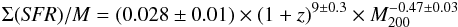 \begin{eqnarray} \Sigma({\it SFR})/M=(0.028\pm 0.01)\times (1+z)^{9\pm0.3}\times M_{200}^{-0.47\pm0.03} \end{eqnarray}
