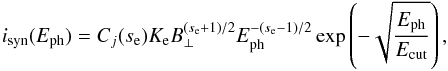 \begin{equation} i_{\rm syn}(E_{\rm ph}) = C_j(s_{\rm e}) K_{\rm e} B_{\bot}^{(s_{\rm e} +1)/2} E_{\rm ph}^{-(s_{\rm e} - 1)/2} \exp\left( -\sqrt{\frac{E_{\rm ph}}{ E_{\rm cut}}} \right), \label{eq:synnew} \end{equation}