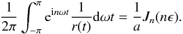 \appendix \setcounter{section}{2} \begin{eqnarray*} \frac{1}{2\pi}\int_{-\pi}^{\pi}{\rm e}^{{\rm i}n\omega t}\frac{1}{r(t)}{\rm d}\omega t = \frac{1}{a}J_n(n\epsilon) . \end{eqnarray*}