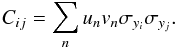 \appendix \setcounter{section}{1} \begin{equation} C_{ij} = \sum_{n} u_{n}v_{n}\sigma_{\ydonnees} \sigma_{y_{j}}. \label{covariance} \end{equation}