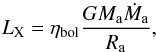 \begin{equation} \label{eq:lmxb:lum} L_\mathrm{X} = \eta_\mathrm{bol} \frac{GM_\mathrm{a}\dot{M}_\mathrm{a}}{R_\mathrm{a}}, \end{equation}