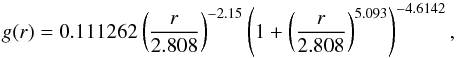 \begin{equation} g(r)=0.111262 \left(\frac{r}{2.808}\right)^{-2.15} \left(1+\left(\frac{r}{2.808}\right)^{5.093}\right)^{-4.6142}\label{gder}, \end{equation}