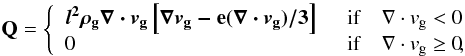 \begin{equation} \label{artviscQ} \mathrm{\bf Q} = \left\{ \begin{array}{ll} l^2 \rho_{\rm g} \boldmath{\nabla} \cdot \boldmath{v}_{\rm g} \left[ \boldmath{\nabla} \boldmath{v}_{\rm g} - \mathrm{\bf e} (\boldmath{\nabla} \cdot \boldmath{v}_{\rm g} )/3 \right] & \,\,\, {\rm if} \quad \boldmath{\nabla} \cdot \boldmath{v}_{\rm g} < 0 \\ 0 & \,\,\, {\rm if} \quad \boldmath{\nabla} \cdot \boldmath{v}_{\rm g}\ge0 \!, \end{array} \right. \end{equation}