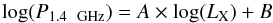 \begin{equation} \log(P_{\mathrm{1.4~~GHz}}) = A \times \log({L}_{\rm X}) + B \end{equation}