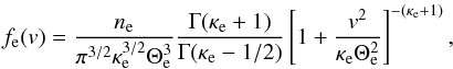\begin{equation} \label{el_distribution} f_{\mathrm e}(v)=\frac{n_{\mathrm e}}{\pi ^{3/2}\kappa _{\mathrm e}^{3/2}\Theta_{\mathrm e}^3}\frac{\Gamma (\kappa _{\mathrm e}+1)}{\Gamma (\kappa _{\mathrm e}-1/2)}\left[1+\frac{v^{2}}{\kappa _{\mathrm e}\Theta _{\mathrm e}^{2}} \right]^{-\left(\kappa _{\mathrm e}+1\right)}, \end{equation}