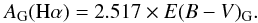 \begin{equation} {A_{\rm G}({\rm H}\alpha) = 2.517 \times E(B-V)_{\rm G}} . \end{equation}