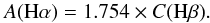\begin{equation} {A({\rm H}\alpha) = 1.754 \times C({\rm H}\beta)} . \end{equation}