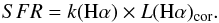 \begin{equation} {SFR = k({\rm H}\alpha) \times L({\rm H}\alpha)_{\rm cor}} . \end{equation}