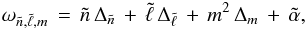 \begin{eqnarray} \omega_{\tilde{n},\tilde{\ell},m}\, = \, \tilde{n} \,\Delta_{\tilde{n}} \,+ \,\tilde{\ell} \,\Delta_{\tilde{\ell}} \,+ \,m^2 \,\Delta_{m} \,+\, \tilde{\alpha}, \label{freq_asympt} \end{eqnarray}