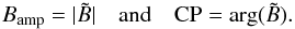 \begin{equation} B_\mathrm{amp} = |\tilde{B}| \quad \mathrm{and} \quad {\rm CP} = \mathrm{arg}(\tilde{B}) . \end{equation}