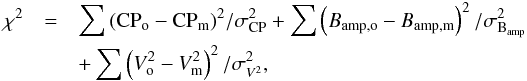 \begin{eqnarray} \chi^2& = &\sum{ ( {\rm CP}_\mathrm{o} - {\rm CP}_\mathrm{m} )^2/\sigma^2_\mathrm{CP} } + \sum{ \left( B_\mathrm{amp,o}-B_\mathrm{amp, m} \right)^2/\sigma^2_\mathrm{B_{amp}}} \nonumber\\ &&+ \sum{ \left(V^2_\mathrm{o} - V^2_\mathrm{m} \right)^2/\sigma^2_{V^2} }, \end{eqnarray}