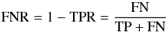 \begin{equation} \rm FNR = 1-TPR = \frac{FN}{TP+FN} \end{equation}