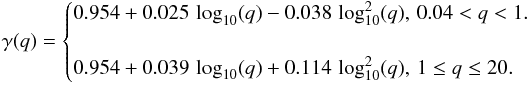 \appendix \setcounter{section}{1} \begin{equation} \gamma(q) = \begin{cases} 0.954 + 0.025\,\log_{10}(q) - 0.038\,\log_{10}^2(q), &\!\!\!\! 0.04 < q < 1.\\ \\ 0.954 + 0.039\,\log_{10}(q) + 0.114\,\log_{10}^2(q), &\!\!\!\! 1 \le q \le 20. \end{cases} \end{equation}