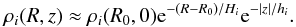\begin{equation} \rho_i(R,z) \approx \rho_i(R_0,0) {\rm e}^{-(R-R_0)/H_i}{\rm e}^{-|z|/h_i} . \end{equation}